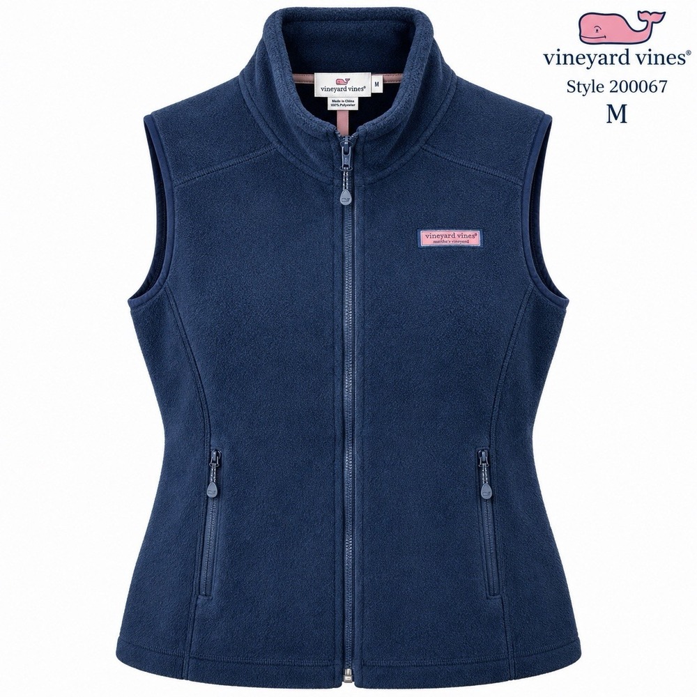 Preppy Vineyard Vines Womens Medium Navy Blue Full Zip Fleece Vest Logo